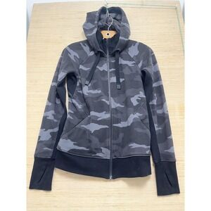 Athleta Hoodie Womens XS‎ Gray Camo Full Zip Jacket Thumbholes Fleece Pockets
